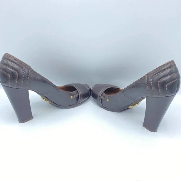 Chloe Brown Leather Round Toe Pumps Heels - Picture 9 of 14